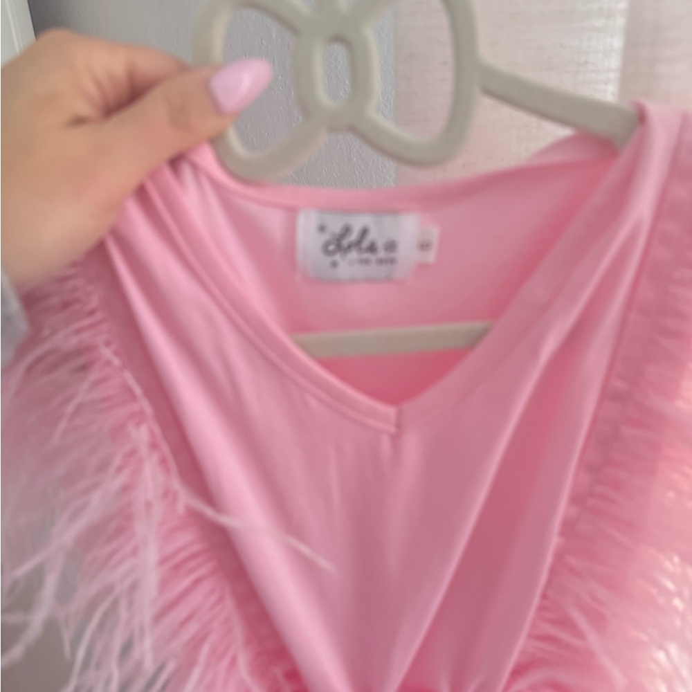 Lola & the boys Pink Feathered V-Neck Dress - Picture 2 of 2